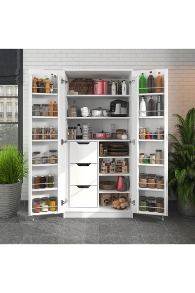 ZEYTUNHOME 165 Derece Açılabilir 2 Kapaklı, 3 Çekmeceli, Kavanoz Raflı Kiler ve Erzak Mutfak Dolabı