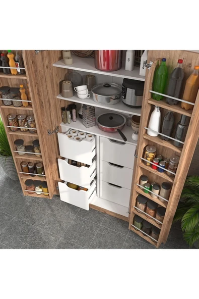 ZEYTUNHOME 165 Derece Açılabilir 2 Kapaklı, 6 Çekmeceli, Kavanoz Raflı Kiler ve Erzak Mutfak Dolabı - 3
