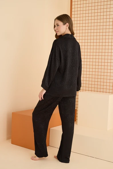 Siyah Önden Düğmeli Pijama Takım - Resim 2