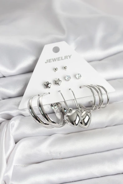 Pirinç Gümüş Renk 6 Çift Kadın Küpe Seti - TJ-BKP11340 ürün görseli