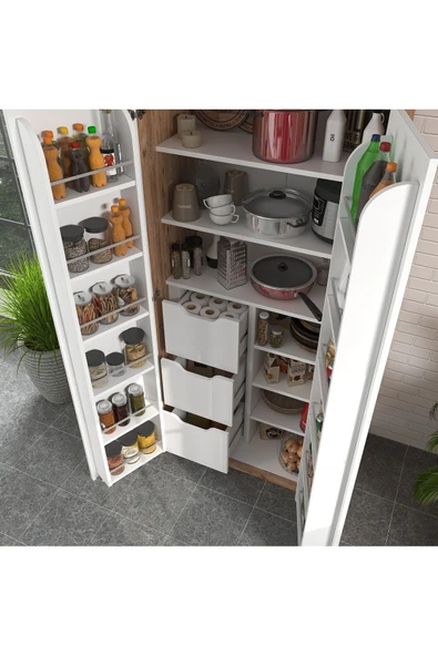 ZEYTUNHOME 90 Derece Açılabilir 2 Kapaklı, 3 Çekmeceli, Kavanoz Raflı Kiler ve Erzak Mutfak Dolabı - 3