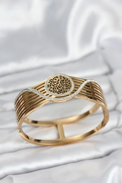 316L Çelik Gold Renk Yaşam Ağacı Modelli Kadın Kelepçe Bileklik - TJ-BB8073 ürün görseli