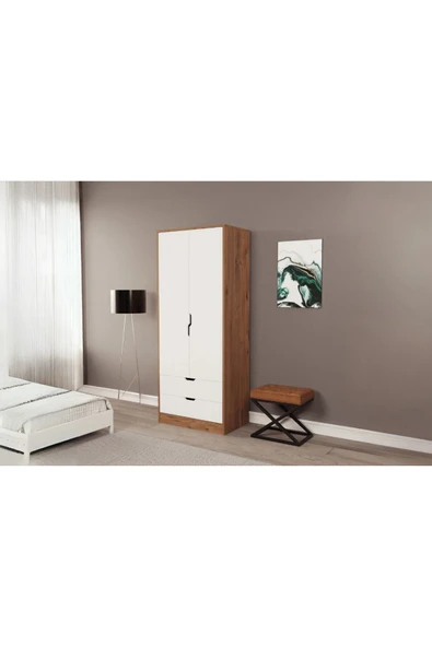 ZEYTUNHOME Moderno Mini 2 Kapaklı 2 Çekmeceli Gardırop – Kompakt Tasarım, Modern Görünüm - 2