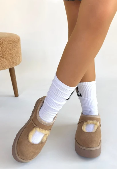 Pabucmarketi Vizon Süet Kürklü Kadın Düz Bootie - 2