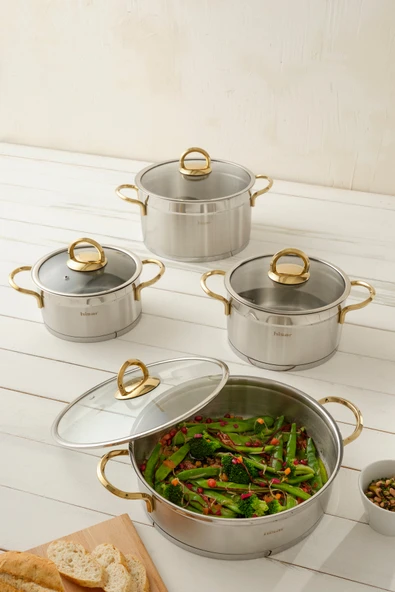 Hisar Orion İndüksiyon Tabanlı 8 Parça Çelik Tencere Seti Titanyum Gold - 3