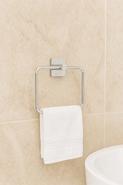 Krom Kare Topuzlu Kare Havluluk – (Yapıştır/Vidala) Montajlı, Parlak Kaplama Dayanıklı Metal Askı - Resim 3