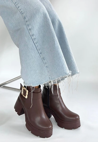 Pabucmarketi Kahverengi Fermuarlı Kadın Topuklu Bot - Resim 2