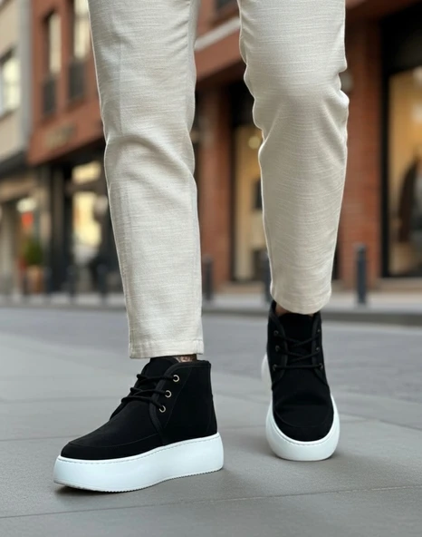 Pabucmarketi Bağcıklı İçi Kürklü Erkek Sneaker Bot SİYAH SÜET (BEYAZ TABAN) - 4