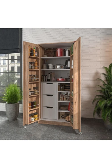 ZEYTUNHOME 90 Derece Açılabilir 2 Kapaklı, Çekmeceli, Kavanoz Raflı Kiler ve Erzak Mutfak Dolabı - 3