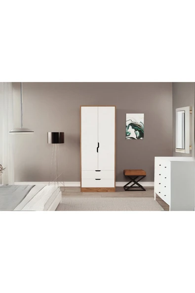 ZEYTUNHOME Moderno Mini 2 Kapaklı 2 Çekmeceli Gardırop – Kompakt Tasarım, Modern Görünüm