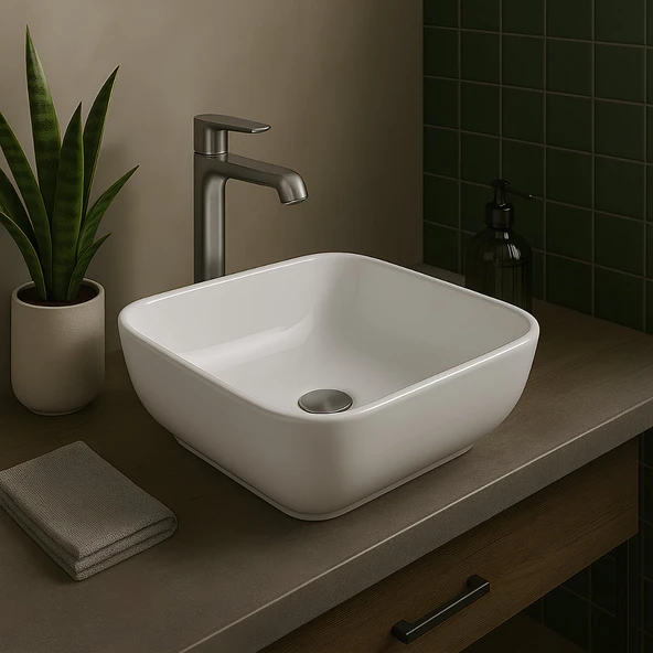 Turavit Porto Çanak Beyaz Kare Deliksiz Lavabo 40 cm PRT0708 - 4