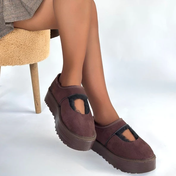 Pabucmarketi Kahverengi Süet Kürklü Kadın Düz Bootie - 4