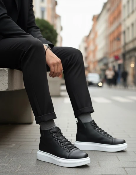 Pabucmarketi Bağcıklı Erkek Sneaker Bot SİYAH (BEYAZ TABAN) ürün görseli