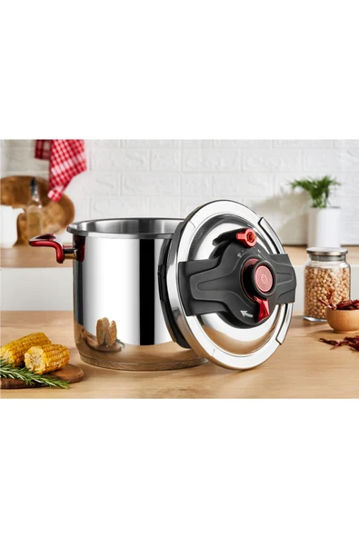 OMS 5106 - 2 Parça, İndüksiyonlu, Matik, 26 Cm - 12 Litre Düdüklü Tencere Gümüş - Kırmızı Renk - Resim 3