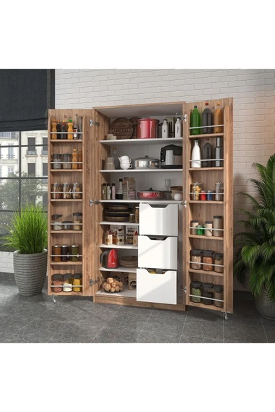ZEYTUNHOME 165 Derece Açılabilir 2 Kapaklı, 3 Çekmeceli, Kavanoz Raflı Kiler ve Erzak Mutfak Dolabı - 2