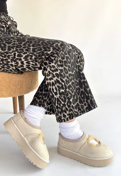 Pabucmarketi Bej Süet Kürklü Kadın Düz Bootie - 3