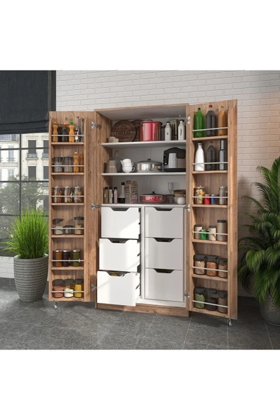 ZEYTUNHOME 165 Derece Açılabilir 2 Kapaklı, 6 Çekmeceli, Kavanoz Raflı Kiler ve Erzak Mutfak Dolabı - 2