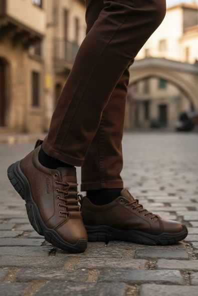 Bulldozer Kahve Hakiki Deri Dar Kalıp Erkek Casual Ayakkabı - Resim 3