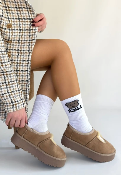 Pabucmarketi Vizon Süet Kürklü Kadın Düz Bootie - 3