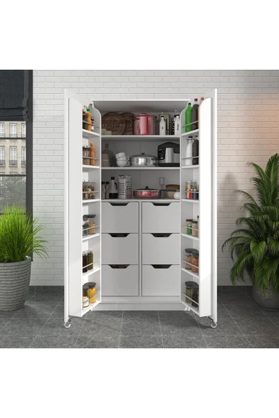 ZEYTUNHOME 90 Derece Açılabilir 2 Kapaklı, 6 Çekmeceli, Kavanoz Raflı Kiler ve Erzak Mutfak Dolabı