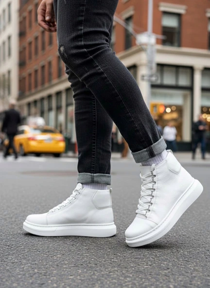 Pabucmarketi Bağcıklı Erkek Sneaker Bot BEYAZ (BEYAZ TABAN) - Resim 3