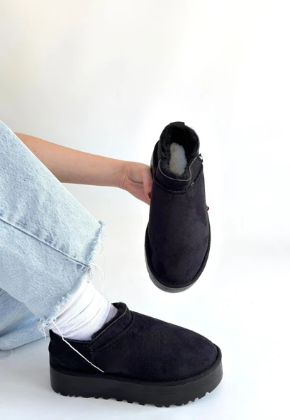 Pabucmarketi Siyah Süet Kürklü Kadın Düz Bootie - 2