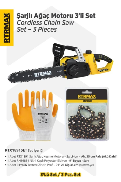 RTX1891SET Şarjlı Ağaç Kesme Motoru 3'li Set -Testere Zinciri-Eldiven ürün görseli