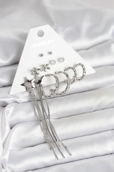 Gümüş Renk Pirinç 6 Çift Kadın Küpe Seti - TJ-BKP11338 ürün görseli