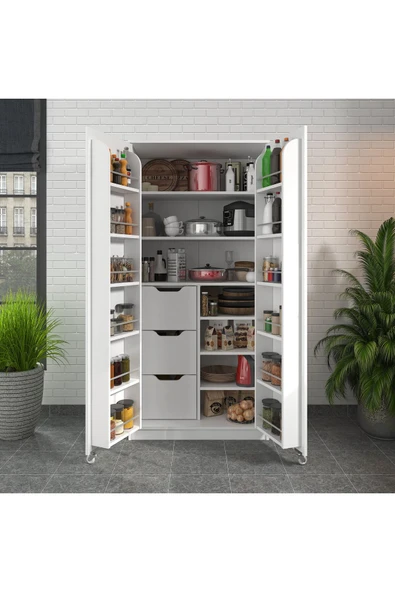 ZEYTUNHOME 90 Derece Açılabilir 2 Kapaklı, Çekmeceli, Kavanoz Raflı Kiler ve Erzak Mutfak Dolabı - 2