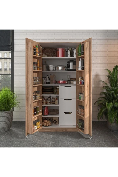 ZEYTUNHOME 90 Derece Açılabilir 2 Kapaklı, Çekmeceli, Kavanoz Raflı Kiler ve Erzak Mutfak Dolabı - 2