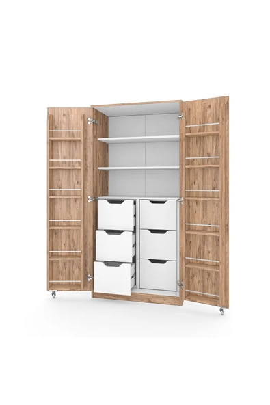 ZEYTUNHOME 165 Derece Açılabilir 2 Kapaklı, 6 Çekmeceli, Kavanoz Raflı Kiler ve Erzak Mutfak Dolabı - 5