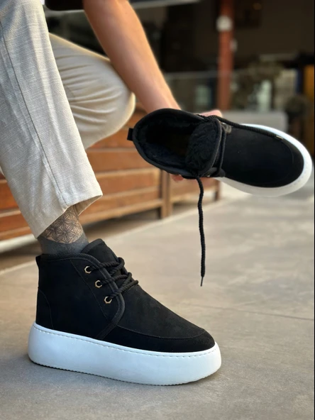 Pabucmarketi Bağcıklı İçi Kürklü Erkek Sneaker Bot SİYAH SÜET (BEYAZ TABAN) - 8