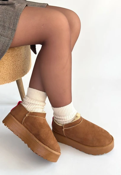 Pabucmarketi Taba Süet Kürklü Kadın Düz Bootie - 3