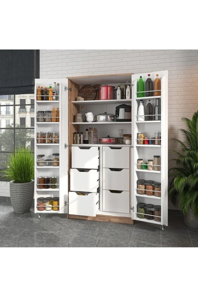 ZEYTUNHOME 165 Derece Açılabilir 2 Kapaklı, 6 Çekmeceli, Kavanoz Raflı Kiler ve Erzak Mutfak Dolabı - 2
