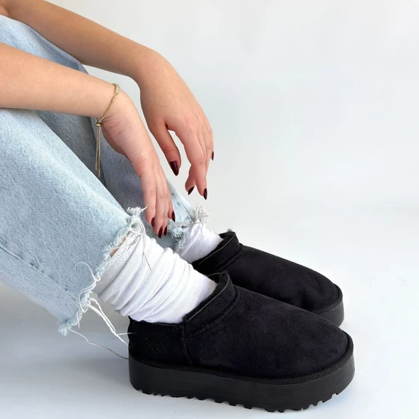 Pabucmarketi Siyah Süet Kürklü Kadın Düz Bootie - 4