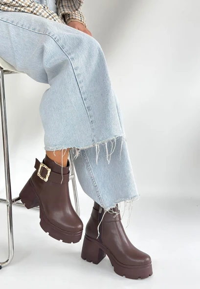 Pabucmarketi Kahverengi Fermuarlı Kadın Topuklu Bot - Resim 3