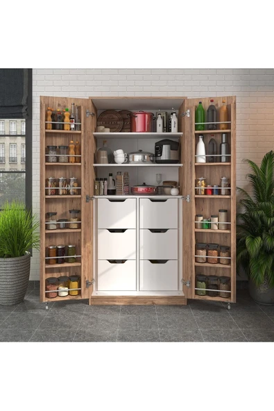 ZEYTUNHOME 165 Derece Açılabilir 2 Kapaklı, 6 Çekmeceli, Kavanoz Raflı Kiler ve Erzak Mutfak Dolabı