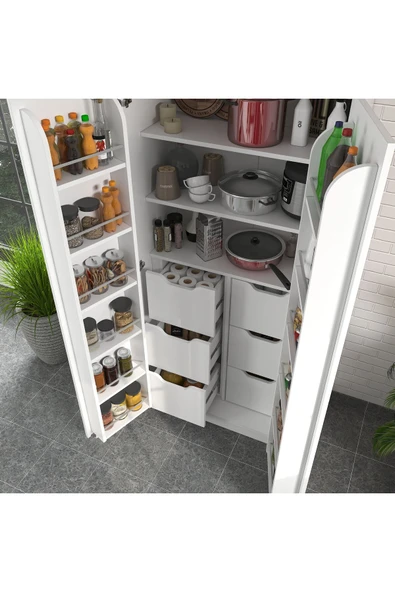 ZEYTUNHOME 90 Derece Açılabilir 2 Kapaklı, 6 Çekmeceli, Kavanoz Raflı Kiler ve Erzak Mutfak Dolabı - 3