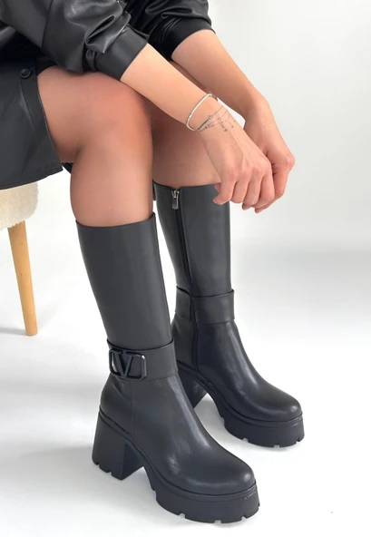 Pabucmarketi Siyah Fermuarlı Kadın Topuklu Çizme - 2