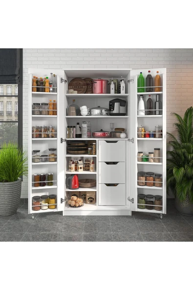 ZEYTUNHOME 165 Derece Açılabilir 2 Kapaklı, 3 Çekmeceli, Kavanoz Raflı Kiler ve Erzak Mutfak Dolabı - 2