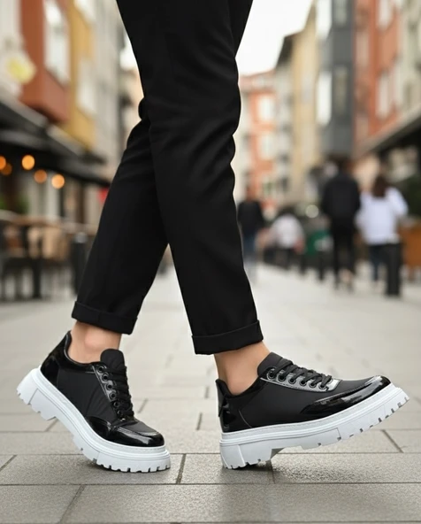 Pabucmarketi Bağcıklı Paraşüt Detaylı Erkek Günlük Ayakkabı SİYAH (BEYAZ TABAN) ürün görseli