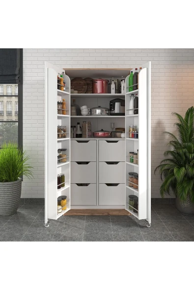 ZEYTUNHOME 90 Derece Açılabilir 2 Kapaklı, 6 Çekmeceli, Kavanoz Raflı Kiler ve Erzak Mutfak Dolabı