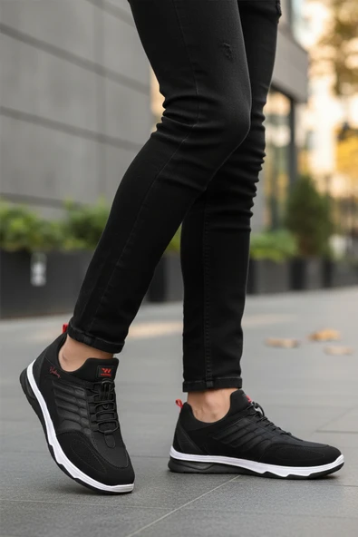Walkway Siyah Kırmızı Lastik Bağcıklı Erkek Spor Ayakkabı - Resim 3