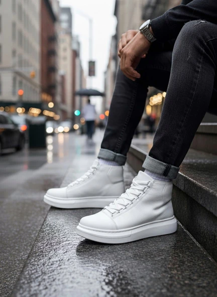 Pabucmarketi Bağcıklı Erkek Sneaker Bot BEYAZ (BEYAZ TABAN) - Resim 5