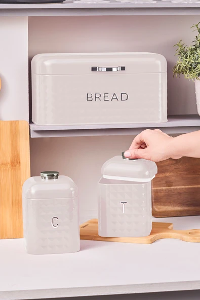 Elmas Karbon Çelik Ekmek Kutusu Saklama Kabı Hediyeli Krem - Resim 4