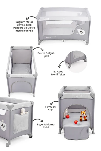 Kanz Teddy Premium Oyun Parkı ve Park Yatak Gri 60 x 120 - 3