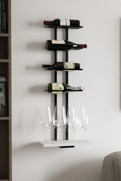AJU Şaraplık ve Kadeh Rafı Duvara Monte Şarap Mahseni Modern Duvar Alkol Rafı – Metal ve Ahşap Tasarım - 5