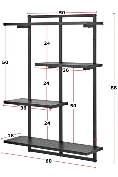 AJU Modern Duvar Rafı - 4 Katlı Metal Şık Modern Yüzen Pencere Duvar Rafı Kitaplık Düzenleyici Raf - 4