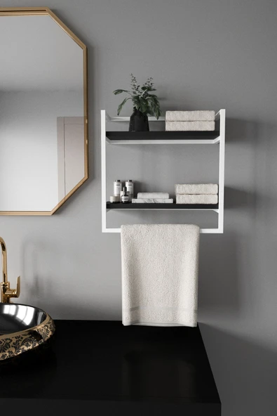 AJU Havluluk 2 Katlı Duvara Monte Raf Aksesuarlık Şal Askılığı Banyo Mutfak Düzenleyici Çok Amaçlı Raf - 6