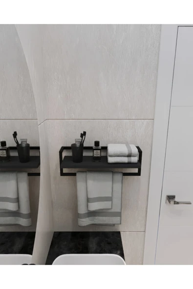 AJU Havluluk Antrasit Duvara Monte Raf Aksesuarlık Şal Askılığı Banyo Mutfak Düzenleyici Çok Amaçlı Raf - 3